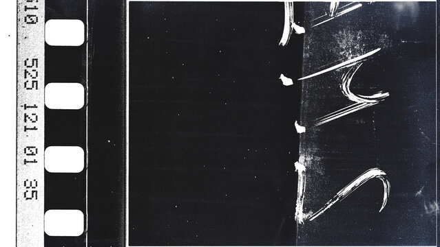 Vintage black and white film strip frame with sprocket holes and timecode numbers. Abstract distressed analog background with grunge texture, dust, scratches, and hand-drawn markings
