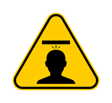 Overhead hazard warning sign icon with mind your head symbol. Head injury warning and low headroom signage for industrial safety, workplace safety and OSHA compliance.