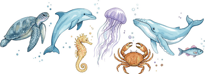 Cute watercolor ocean animals border vector illustration with whale dolphin turtle jellyfish seahorse and crab on isolated white background for baby nursery bathroom decor design