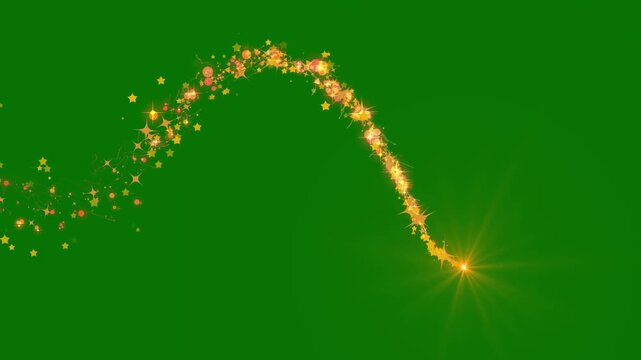 Magical golden glitter swirl path with sparkling light trail, fairy doodle stars and shimmering particles, seamless green screen background for stunning 4k visual effects