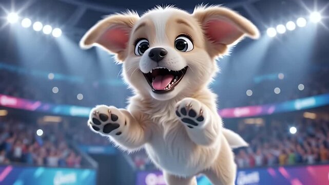 Excited animated puppy running on a shiny floor in a stadium with cheering crowd, bright lights