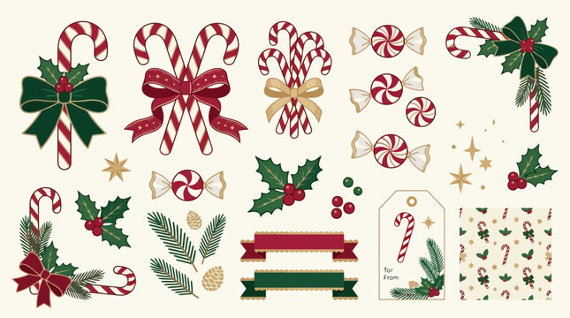 Vintage candy cane collection, classic red bows, holly berries and peppermint sweets. Cream colored watercolor vector icons for Christmas cards and festive decorations.