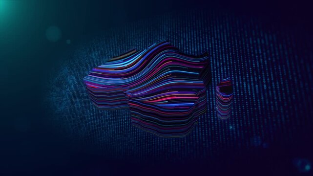 High-tech Africa map reveal animation featuring colorful 3D extruded neon lines over a digital particle grid with cinematic lighting, depth of field, and futuristic visual effects.