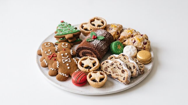 Assortment of Festive Christmas Baked Goods Including Gingerbread Cookies Yule Log and Scones