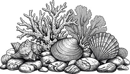 Vintage coral reef and sea shell engraving vector illustration with marine life ocean shells and stones on isolated white background for coastal beach house decor design © MstBizly