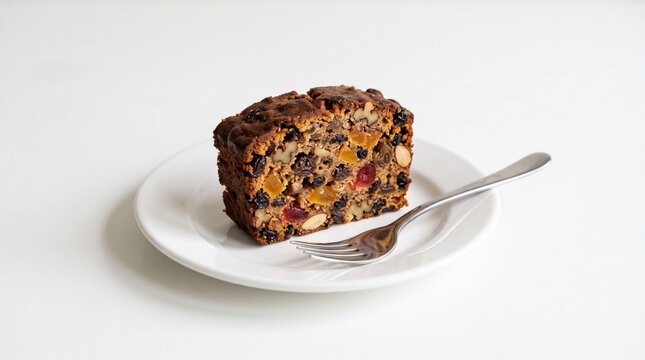 A delicious slice of fruitcake with nuts and dried fruits served on a white plate with a fork