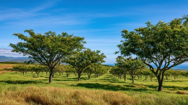 Rows of koa trees on verdant farmland under a blue sky