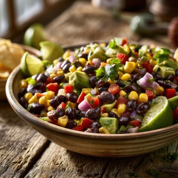 Rustic bowl of cowboy caviar with corn and black beans on wooden table