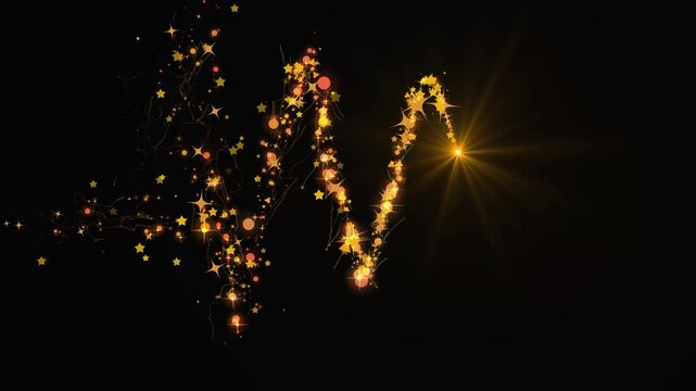Magical golden glitter trail animation with glowing spiral light, sparkling star dust particles, elegant fairy shimmer effect and seamless black screen background in vibrant 4k video