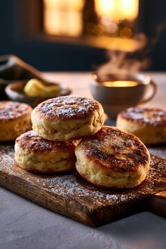 Rustic wooden board with freshly baked Welsh cakes and a cup of tea