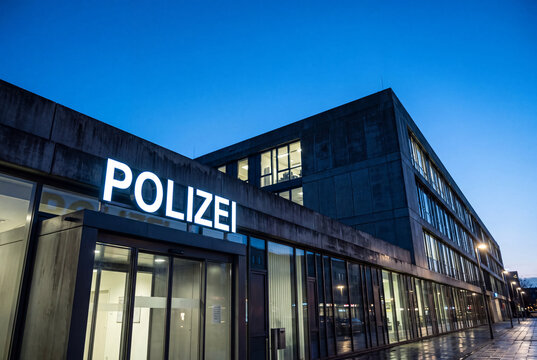 A modern German police station building with an illuminated "Polizei" sign is photographed at dusk against a deep blue sky.