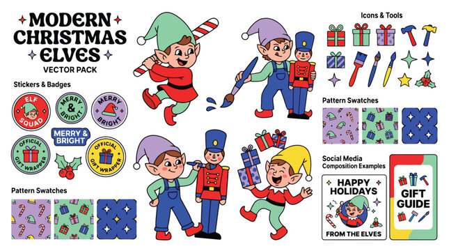 Modern Christmas elves vector pack. Cute cartoon elf characters, nutcracker soldier, holiday swatches, stickers, badges. Festive design elements for social media.