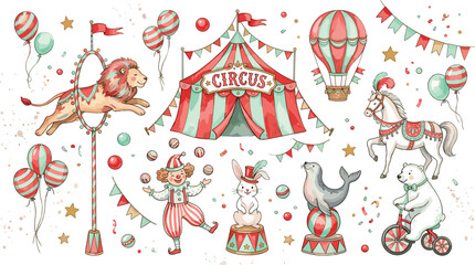 Vintage watercolor circus vector illustration set featuring carnival tent animals clown balloons and festive elements isolated on white background for birthday party design © MstBizly