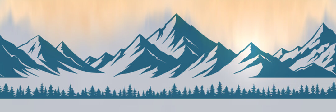 Sunrise in the mountains, wild forest, misty silhouettes of ridges, seamless border, vector illustration