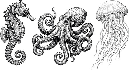 Vintage ocean life vector illustration set featuring hand drawn detailed engraving of seahorse octopus and jellyfish isolated on white background for marine design © MstBizly