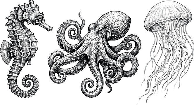 Vintage ocean life vector illustration set featuring hand drawn detailed engraving of seahorse octopus and jellyfish isolated on white background for marine design