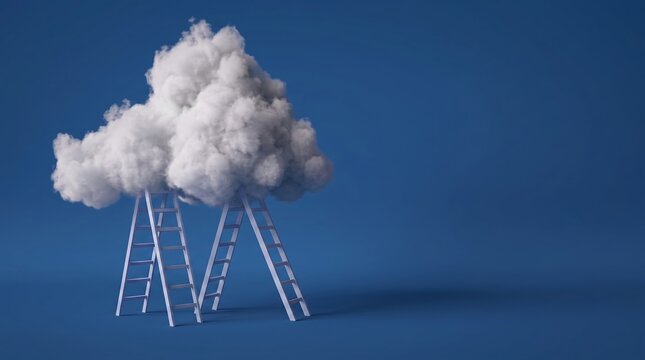 Soft cotton cloud supported by ladders on blue background