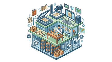 Fototapeta premium Isometric illustration of a modern smart manufacturing and 3D printing laboratory.