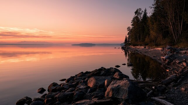 Serene evening on Camano Island with dramatic sunset reflections