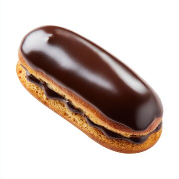 dessert crafted as a mini eclair with glossy chocolate isolated on a white background