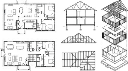 Obraz premium Architectural floor plans and structural framing diagrams of a residential house