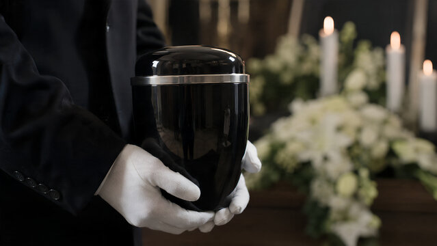 White Gloved Hands Holding Black Cremation Urn at Funeral Service