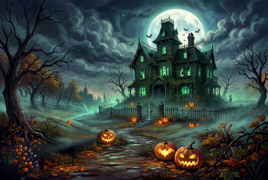 Illustration of a mysterious haunted halloween house surrounded by lit carved pumpkins. AI generated.