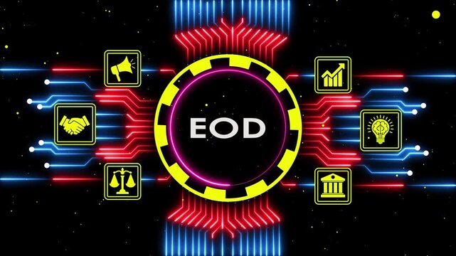 Neon digital background featuring eod acronym surrounded by business technology icons.