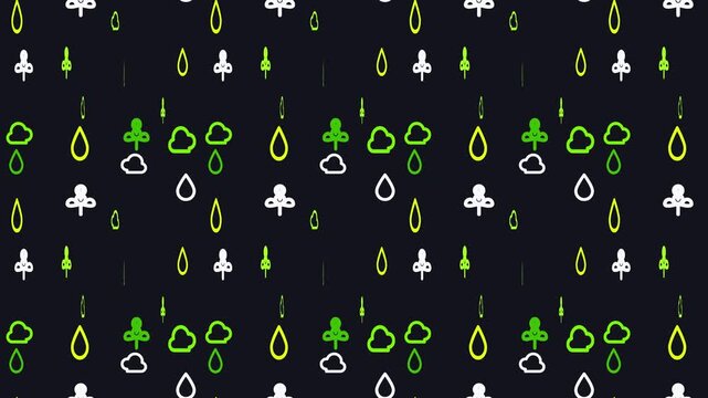 Whimsical Weather Pattern A Delightful Array of Falling Raindrops Fluffy Clouds and Stylized Trees Creating a Cheerful Natural Ambiance for Decorative Purposes.