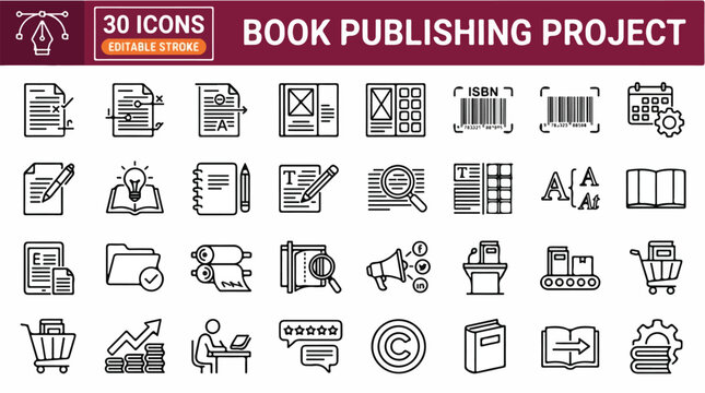 30 Vector Line Icons for Book Publishing Project, Editorial Design, Writing, and Reading Activities