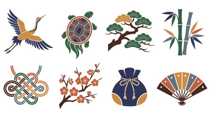 Obraz premium Traditional asian cultural symbols set with crane turtle bamboo.