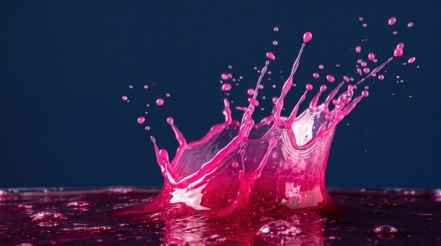 Pink biohacking liquid splashing to form a crown shape. Dark blue background with droplets suspended in midair.