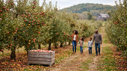 Fototapeta premium Autumn apple orchard landscape, Family enjoying a day of apple picking in an orchard during autumn 