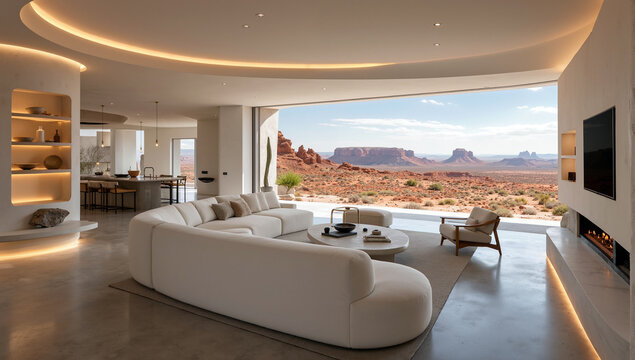 Luxurious modern living room featuring organic architecture and large panoramic windows overlooking a spectacular red rock desert landscape and mesas during a bright day.