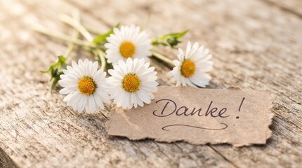 Obraz premium Small bouquet of white daisy flowers with a rustic thank you note on a weathered wooden background