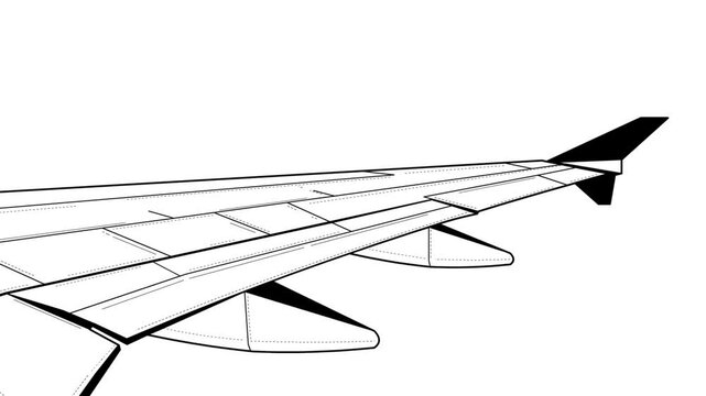Cartoon style animation of an airplane flying wing view black and white, art, drawing, 2D.
