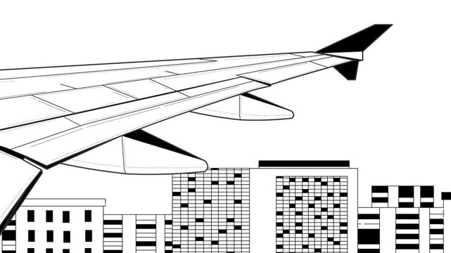 Cartoon style animation of a plane in flight, wing view in black and white, buildings, art, drawing, 2D.