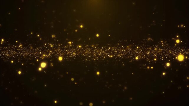 Elegant golden glowing particles and bokeh floating on dark background, luxury award motion loop.