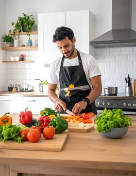 Man Chopping Fresh Vegetables for a Healthy Meal in a Modern Kitchen