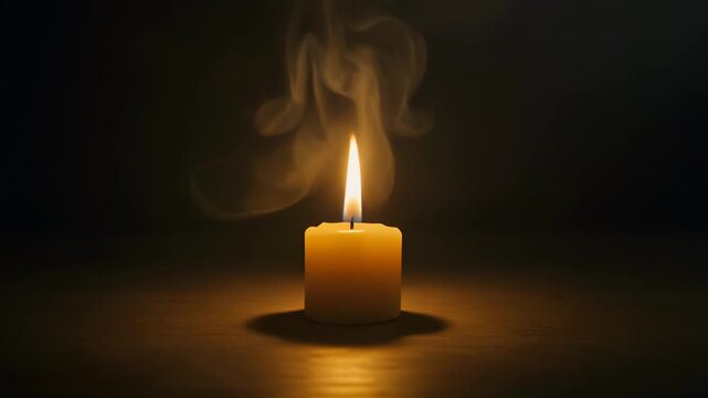 Close up of illuminated yellow candle fire and smooth smoke drifting in darkness.