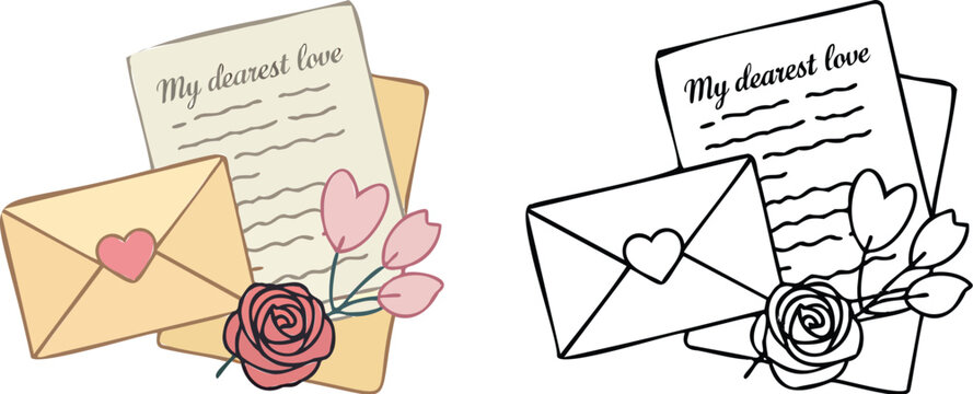 Romantic love letters with roses and envelopes