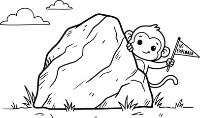 Obraz premium Cute cartoon monkey hiding behind a large rock in a simple line art style coloring page for children