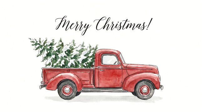 Vintage Red Pickup Truck Carrying Christmas Tree in Winter Snow Watercolor Illustration