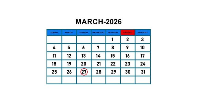 March 2026 calendar page with animated date selection circle marking march 27th for scheduling and planning