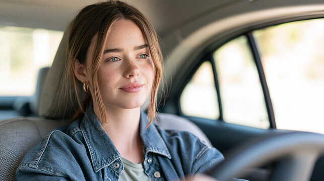 Focused young woman in casual clothing steering a modern car backward while checking through the rear window, bright well-lit interior, female driver, reverse parking, safe driving, parking