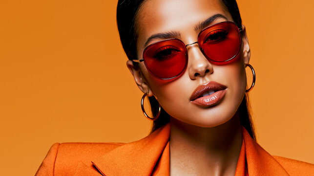 A woman wearing red sunglasses and an orange blazer