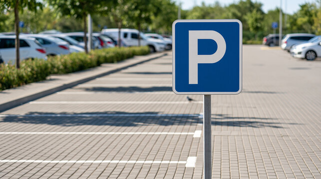 Reverse parking sign standing beside clearly marked bays in a bright outdoor car park, parking rule, traffic signage, vehicle guidance, public space, urban infrastructure, transportation,