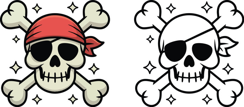Cartoon pirate skull with bandana and sunglasses