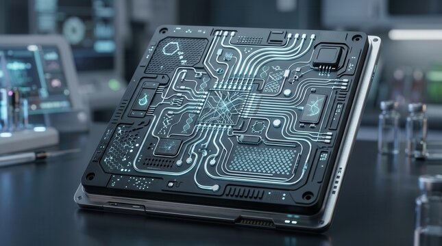 Advanced biohacking microchip with glowing circuits on a laboratory desk. Futuristic biotechnology research facility with medical equipment in the background.