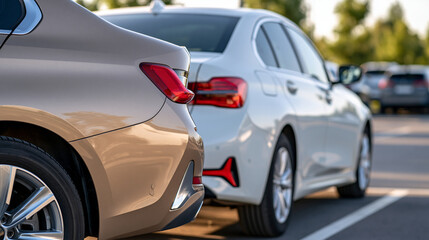 Naklejka premium Neutral parking incident concept with a sedan lightly contacting a parked vehicle in a bright tight lot, no injuries and minimal damage, reverse accident, car insurance, driver safety,